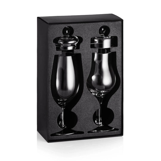 In this photo Amber Tasting Box – 2 Hand-Blown Whisky Glasses with Lids – Amber Glass Mood4whisky
