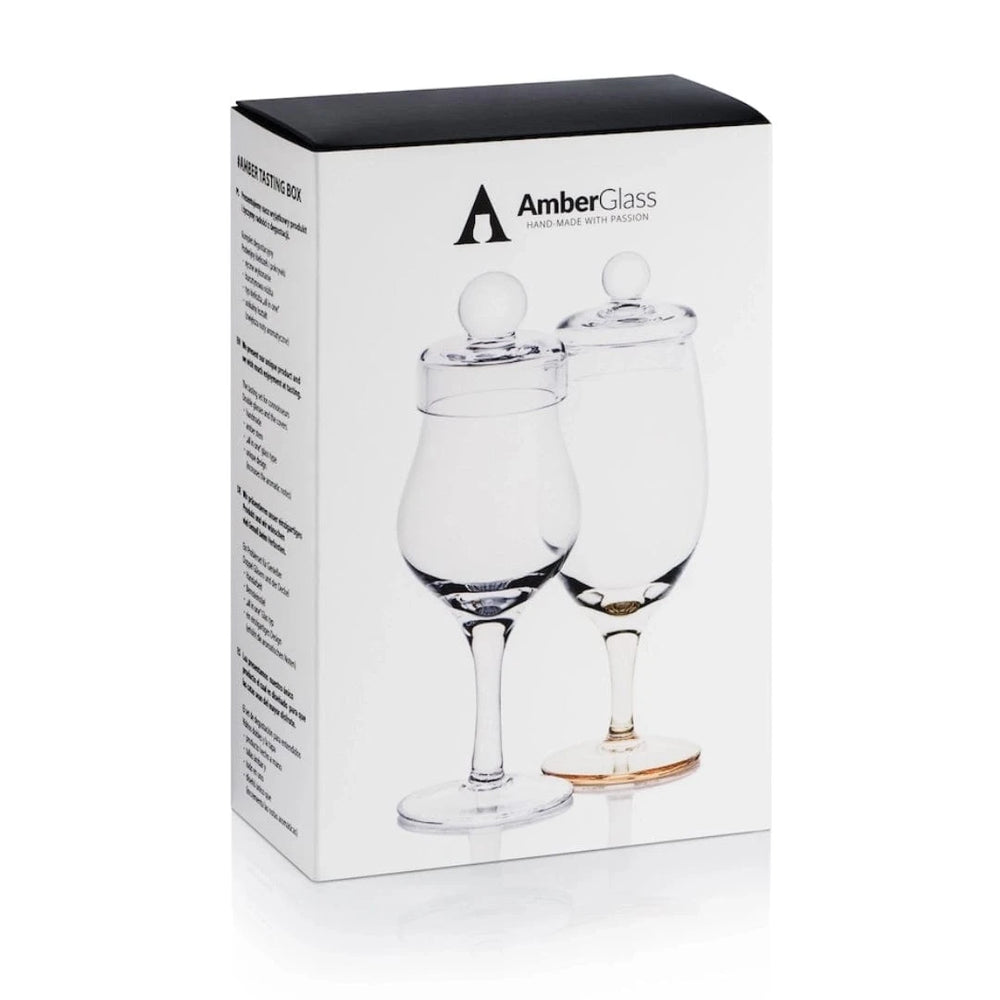 In this photo Amber Tasting Box – 2 Hand-Blown Whisky Glasses with Lids – Amber Glass Mood4whisky