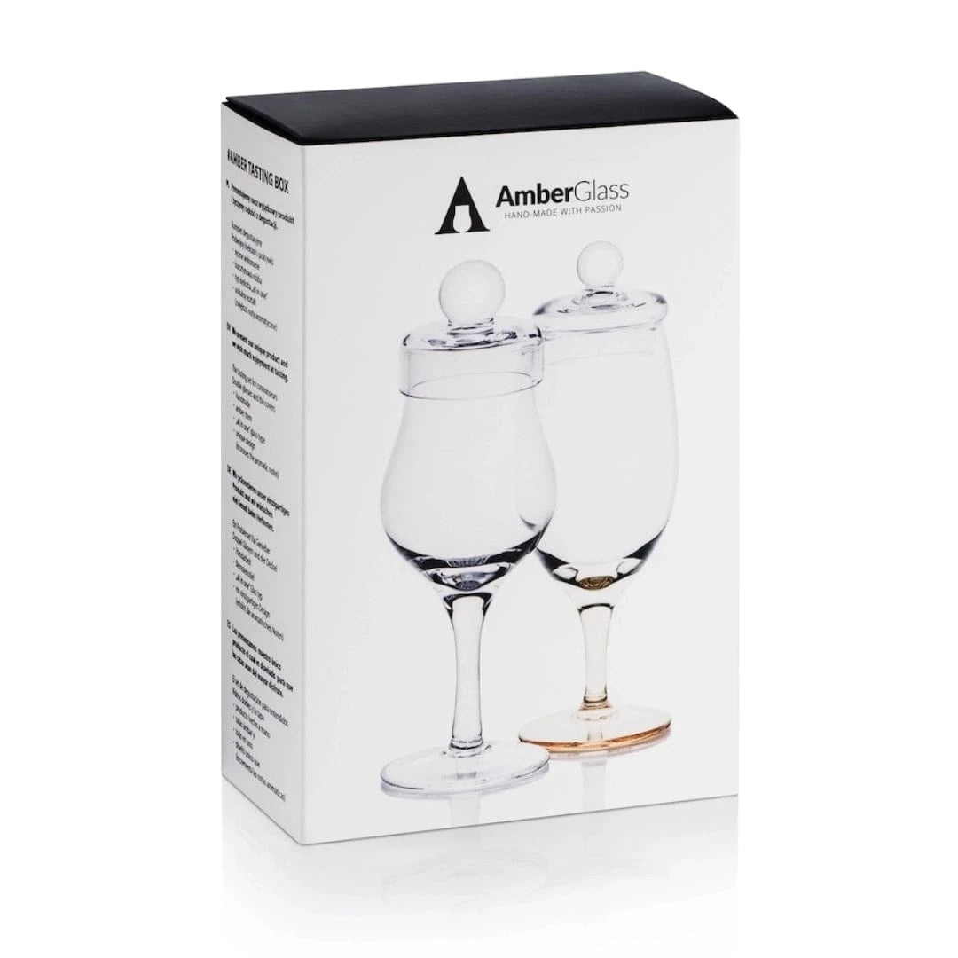In this photo Amber Tasting Box – 2 Hand-Blown Whisky Glasses with Lids – Amber Glass Mood4whisky