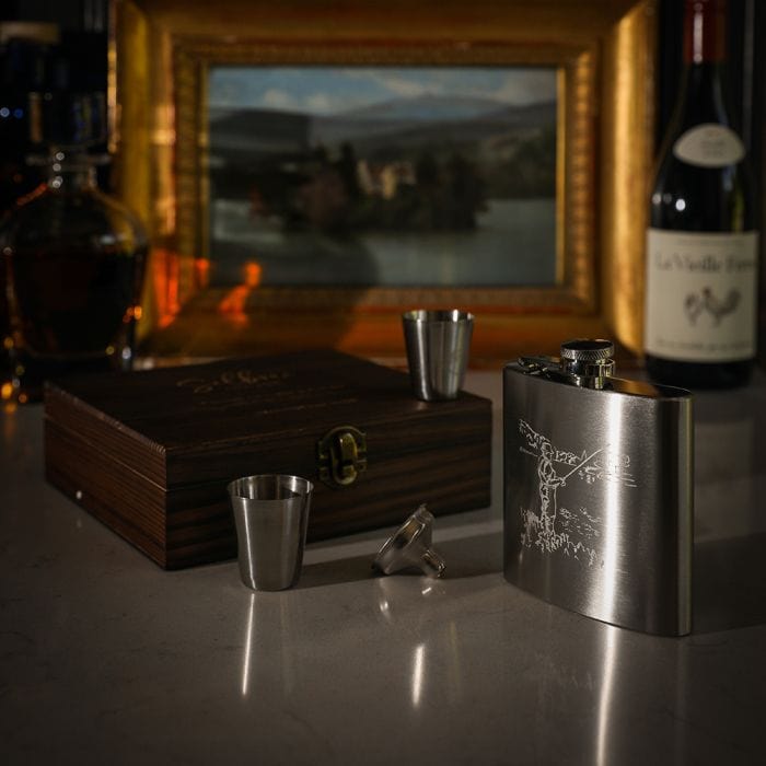 In this photo Hip Flask Fishing - Luxury Set - Metal Engraved - Selbraehouse Scotland Mood4Whisky