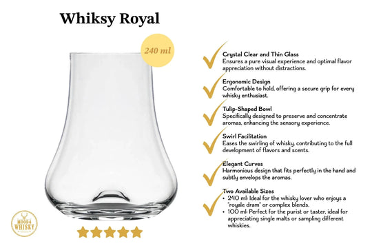 In this photo Royal Whisky Glass – Tulip Design – 240 ml – Gift Carton Mood4whisky