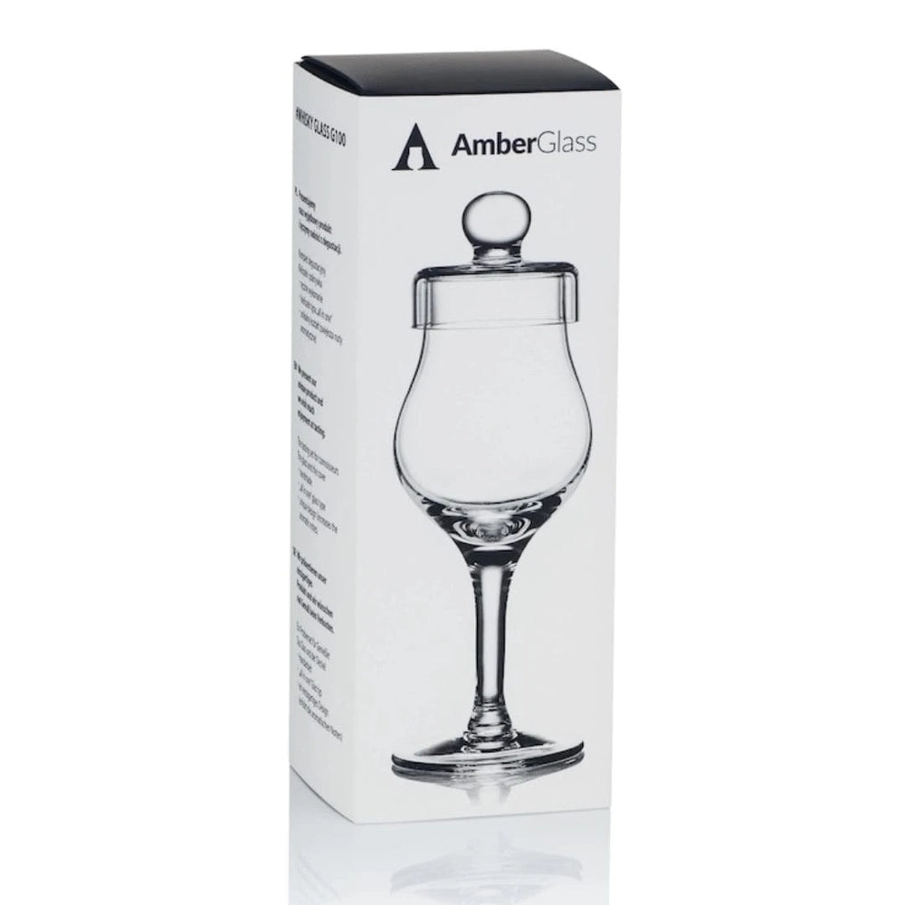 In this photo Whisky Glass G100 – 100 ml – with Lid – Hand-Blown – Amber Glass Mood4whisky