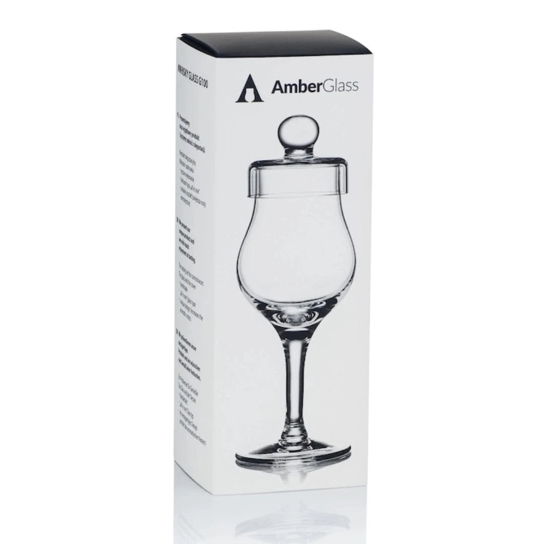 In this photo Whisky Glass G100 – 100 ml – with Lid – Hand-Blown – Amber Glass Mood4whisky