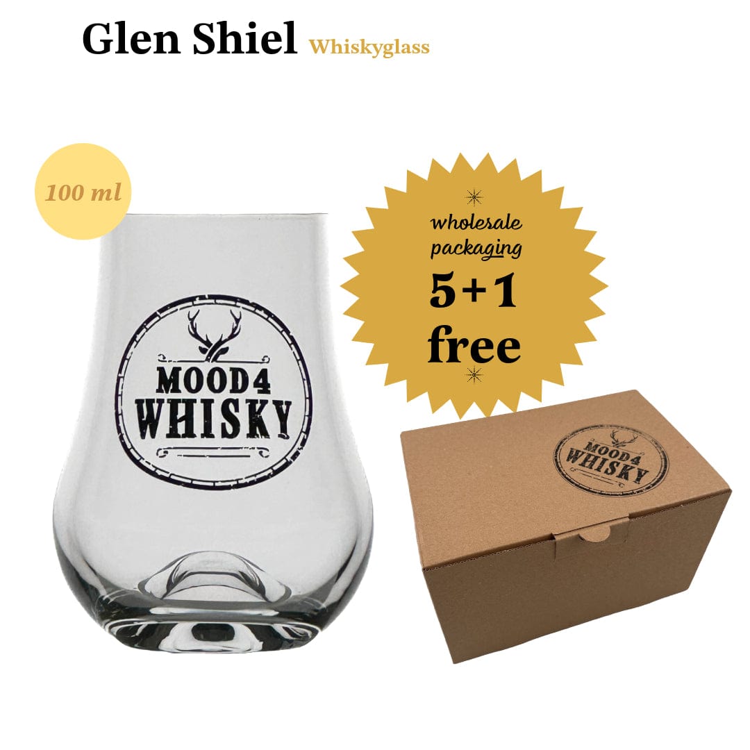 In this photo Whisky glass Glen Shiel with logo ★★★★★ - 100 ml - 5 +1 Free - Wholesale packaging - Mood4Whisky MoodCompanyNL